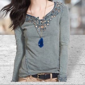 FREE People Green Henley Embroidered Boho Cotton Long Sleeve T-Shirt Women's S